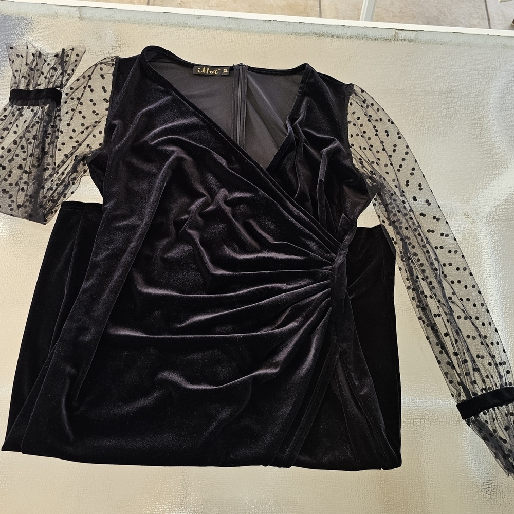 iHot XL Woman's Velvet Elegant Black Dress with Sheer Polka Dot Long Sleeves - Picture 8 of 15